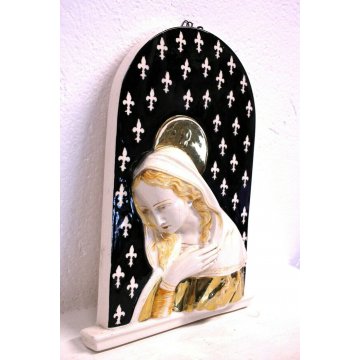 ANTICA CERAMICA BASSORILIEVO MADONNA WALL ICON ORO 24K GIGLIO FIORENTINO '900