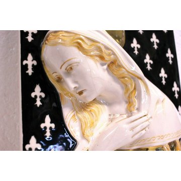ANTICA CERAMICA BASSORILIEVO MADONNA WALL ICON ORO 24K GIGLIO FIORENTINO '900