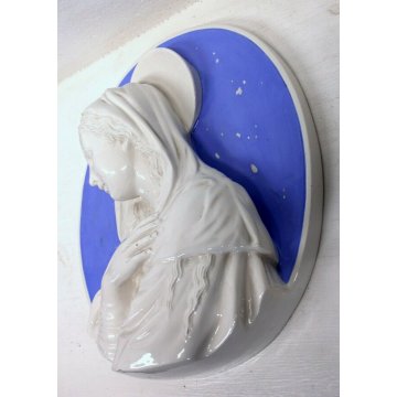BASSORILIEVO OVALE MADONNA CERAMICA BIANCA SMALTO AZZURRO STILE DELLA ROBBIA 900