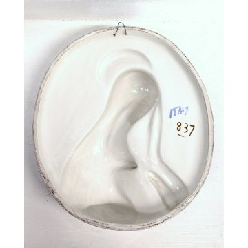 BASSORILIEVO OVALE MADONNA CERAMICA BIANCA SMALTO AZZURRO STILE DELLA ROBBIA 900