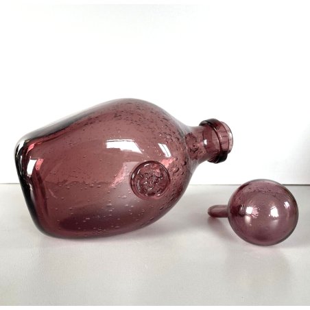 BOTTIGLIA VINTAGE VETRO SOFFIATO con BOLLE COLOR AMETISTA DESIGN Biot FRANCE '70