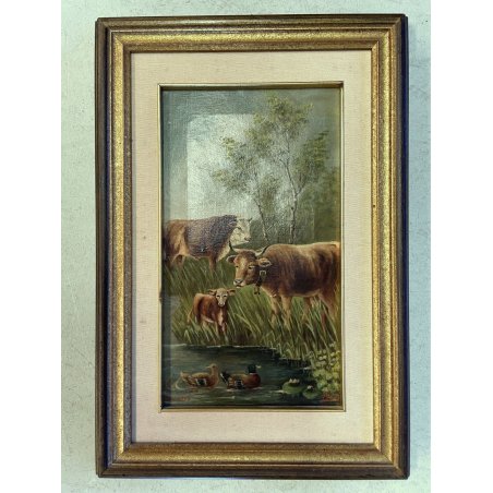 ANTICO DIPINTO OLIO P. Arati PAESAGGIO LAGHETTO PASCOLO MUCCA TORO ANATRE 1904
