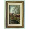 ANTICO DIPINTO OLIO P. Arati PAESAGGIO LAGHETTO PASCOLO MUCCA TORO ANATRE 1904