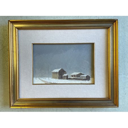 DIPINTO OLIO SENZA TITOLO PAESAGGIO INVERNALE BORGO PERIFERIA NEVE FIRMATO '900