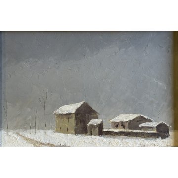 DIPINTO OLIO SENZA TITOLO PAESAGGIO INVERNALE BORGO PERIFERIA NEVE FIRMATO '900