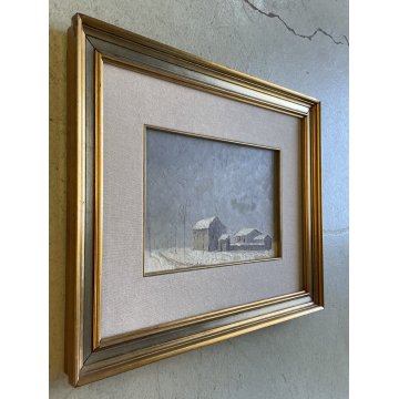 DIPINTO OLIO SENZA TITOLO PAESAGGIO INVERNALE BORGO PERIFERIA NEVE FIRMATO '900