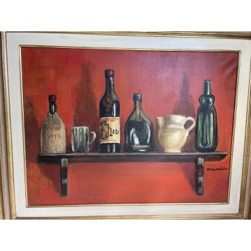 ANTICO QUADRO DIPINTO ZAPEDRO NATURA MORTA BROCCA VASO BOTTIGLIA VINO VITE PIANO