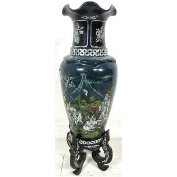 VASO LACCA CINESE DECORATO MADRE PERLA PIEDISTALLO BAMBINI ANTICO MADE IN CINA 
