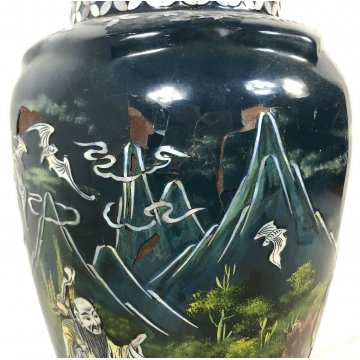 VASO LACCA CINESE DECORATO MADRE PERLA PIEDISTALLO BAMBINI ANTICO MADE IN CINA 