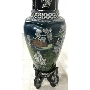 VASO LACCA CINESE DECORATO MADRE PERLA PIEDISTALLO BAMBINI ANTICO MADE IN CINA 