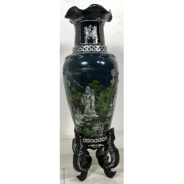 VASO LACCA CINESE DECORATO MADRE PERLA PIEDISTALLO BAMBINI ANTICO MADE IN CINA 