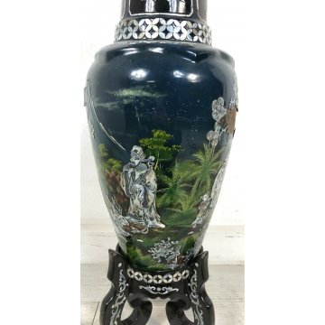 VASO LACCA CINESE DECORATO MADRE PERLA PIEDISTALLO BAMBINI ANTICO MADE IN CINA 