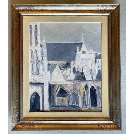 GRANDE QUADRO OLIO FIRMATO Giuseppe Cesetti CATTEDRALE CHIARISTA TUSCANIA '900