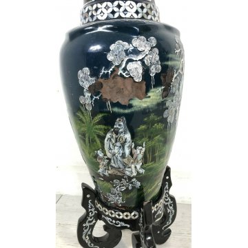VASO LACCA CINESE DECORATO MADRE PERLA PIEDISTALLO BAMBINI ANTICO MADE IN CINA 