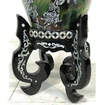 VASO LACCA CINESE DECORATO MADRE PERLA PIEDISTALLO BAMBINI ANTICO MADE IN CINA 