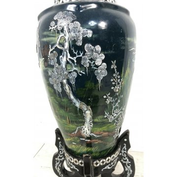 VASO LACCA CINESE DECORATO MADRE PERLA PIEDISTALLO BAMBINI ANTICO MADE IN CINA 