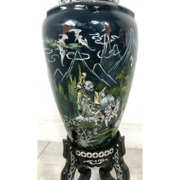 VASO LACCA CINESE DECORATO MADRE PERLA PIEDISTALLO BAMBINI ANTICO MADE IN CINA 