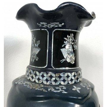 VASO LACCA CINESE DECORATO MADRE PERLA PIEDISTALLO BAMBINI ANTICO MADE IN CINA 