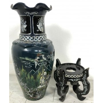 VASO LACCA CINESE DECORATO MADRE PERLA PIEDISTALLO BAMBINI ANTICO MADE IN CINA 