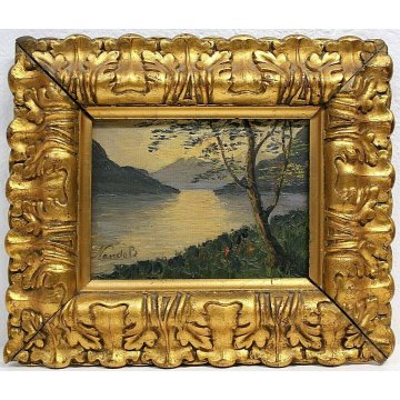 ANTICO PICCOLO QUADRO OLIO TAVOLA Bartolotto Nando PAESAGGIO LAGO TRAMONTO '900