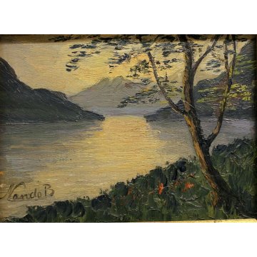 ANTICO PICCOLO QUADRO OLIO TAVOLA Bartolotto Nando PAESAGGIO LAGO TRAMONTO '900