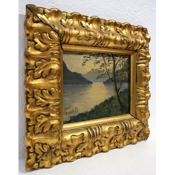 ANTICO PICCOLO QUADRO OLIO TAVOLA Bartolotto Nando PAESAGGIO LAGO TRAMONTO '900