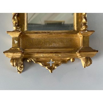 ANTICO SPECCHIO CORNICE a EDICOLA GOTICA LEGNO ORNATO INTAGLIATO FOGLIA ORO '800