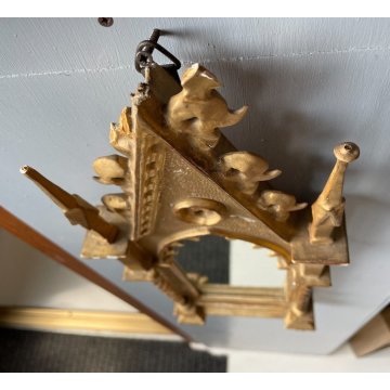 ANTICO SPECCHIO CORNICE a EDICOLA GOTICA LEGNO ORNATO INTAGLIATO FOGLIA ORO '800