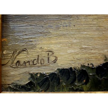 ANTICO PICCOLO QUADRO OLIO TAVOLA Bartolotto Nando PAESAGGIO LAGO TRAMONTO '900