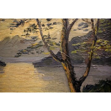 ANTICO PICCOLO QUADRO OLIO TAVOLA Bartolotto Nando PAESAGGIO LAGO TRAMONTO '900