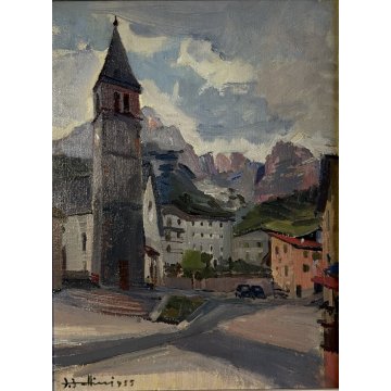 ANTICO DIPINTO OLIO TELA D. Bottini DOLOMITI "Molveno" TRENTO CAMPANILE  '55