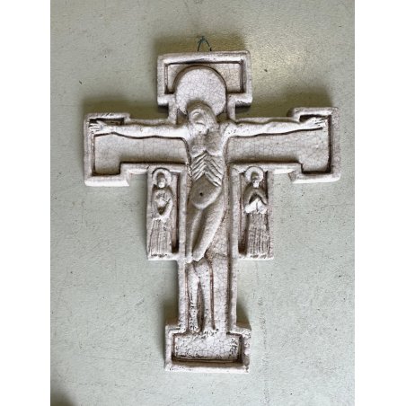 CROCIFISSO San Damiano DA PARETE CERAMICA MONOCROMA CRACLE RELIGIOSO 67,5x54,5cm