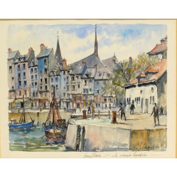 DIPINTO ACQUERELLO PAESAGGIO MARINA Houfleur le vieux bassin FRANCIA NORMANDIA