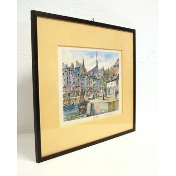 DIPINTO ACQUERELLO PAESAGGIO MARINA Houfleur le vieux bassin FRANCIA NORMANDIA