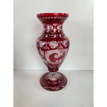 VASO VETRO ROSSO RUBINO BOEMIA DECORATO GLASS VASE CRISTALLO RED ARREDAMENTO