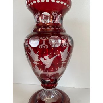 VASO VETRO ROSSO RUBINO BOEMIA DECORATO GLASS VASE CRISTALLO RED ARREDAMENTO