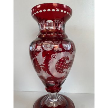 VASO VETRO ROSSO RUBINO BOEMIA DECORATO GLASS VASE CRISTALLO RED ARREDAMENTO