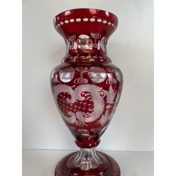 VASO VETRO ROSSO RUBINO BOEMIA DECORATO GLASS VASE CRISTALLO RED ARREDAMENTO