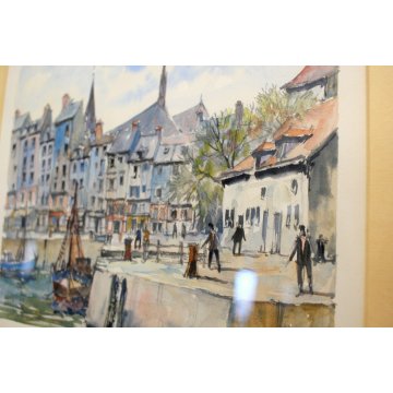 DIPINTO ACQUERELLO PAESAGGIO MARINA Houfleur le vieux bassin FRANCIA NORMANDIA