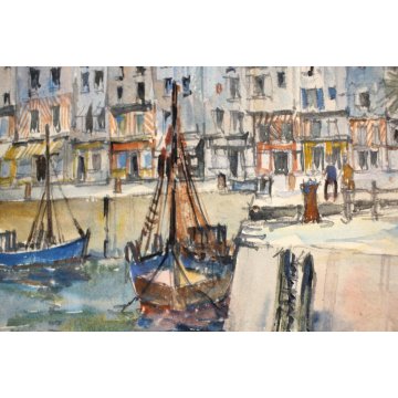 DIPINTO ACQUERELLO PAESAGGIO MARINA Houfleur le vieux bassin FRANCIA NORMANDIA