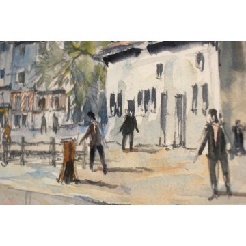 DIPINTO ACQUERELLO PAESAGGIO MARINA Houfleur le vieux bassin FRANCIA NORMANDIA