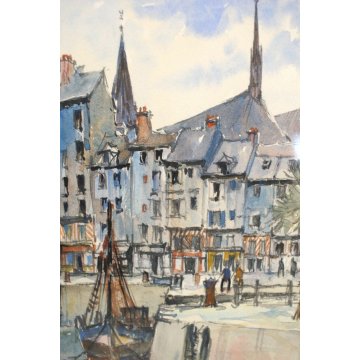 DIPINTO ACQUERELLO PAESAGGIO MARINA Houfleur le vieux bassin FRANCIA NORMANDIA