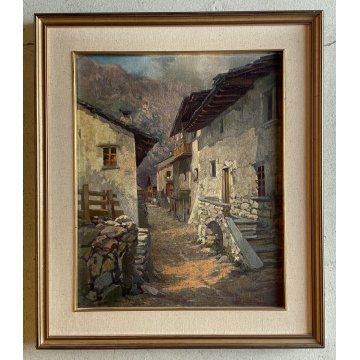 ANTICO DIPINTO OLIO R. Rampazzini PAESAGGIO RURALE MONTAGNA Valtournenche 1926