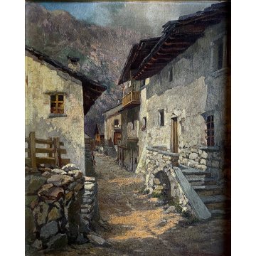 ANTICO DIPINTO OLIO R. Rampazzini PAESAGGIO RURALE MONTAGNA Valtournenche 1926