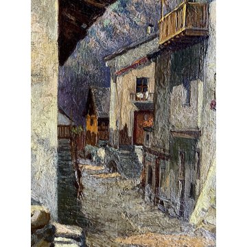 ANTICO DIPINTO OLIO R. Rampazzini PAESAGGIO RURALE MONTAGNA Valtournenche 1926