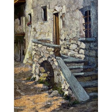 ANTICO DIPINTO OLIO R. Rampazzini PAESAGGIO RURALE MONTAGNA Valtournenche 1926