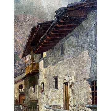 ANTICO DIPINTO OLIO R. Rampazzini PAESAGGIO RURALE MONTAGNA Valtournenche 1926