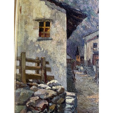 ANTICO DIPINTO OLIO R. Rampazzini PAESAGGIO RURALE MONTAGNA Valtournenche 1926