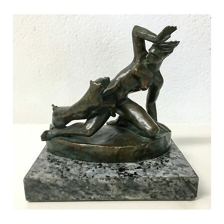 ANTICA SCULTURA BRONZO LIBERTY NUDO DONNA CANE DIANA STATUA FIRMATA EPOCA 1910