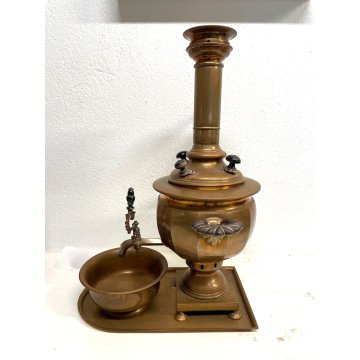 ANTICO Samovar da TE con VASSOIO GOCCIOLATOIO RAME METALLO LEGNO primo '900